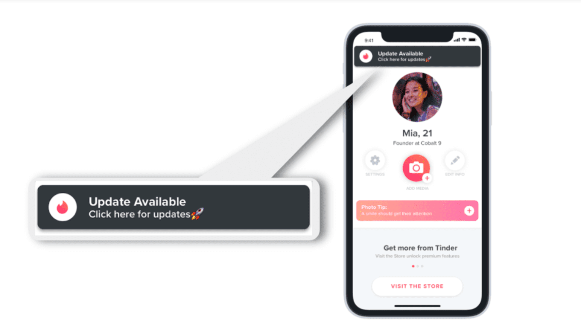 ภาพหน้าจอของฟังก์ชัน "อัปเดตพร้อมใช้งาน" ในเว็บแอปของ Tinder
