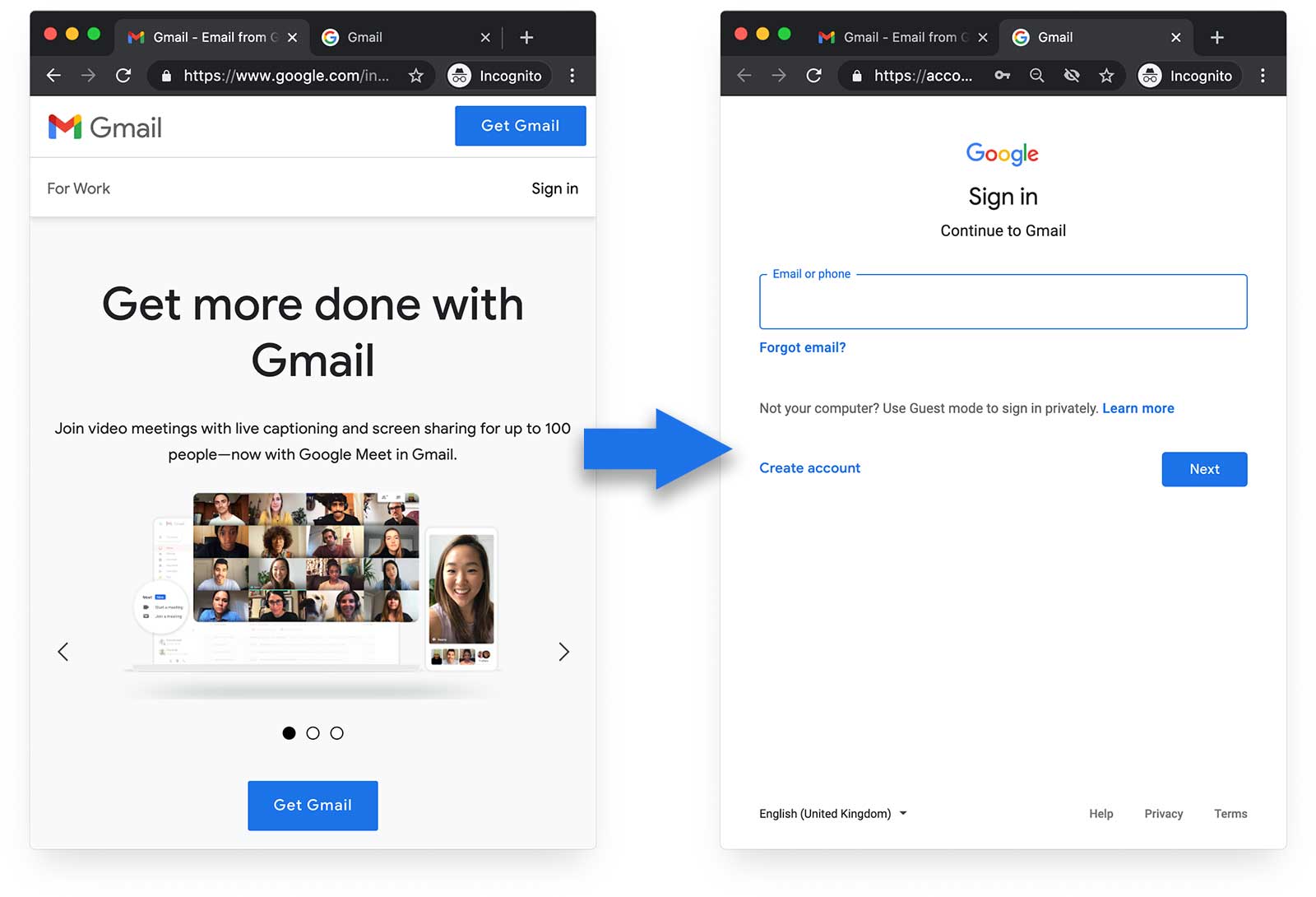 Ảnh chụp màn hình đăng nhập vào Gmail: một trang, hiển thị nút Đăng nhập, khi nhấp vào nút này, bạn sẽ được chuyển đến biểu mẫu cũng có đường liên kết Tạo tài khoản.