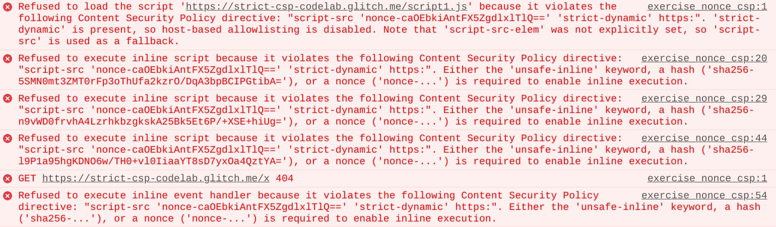 Relatórios de violação do CSP no console para desenvolvedores do Chrome.
