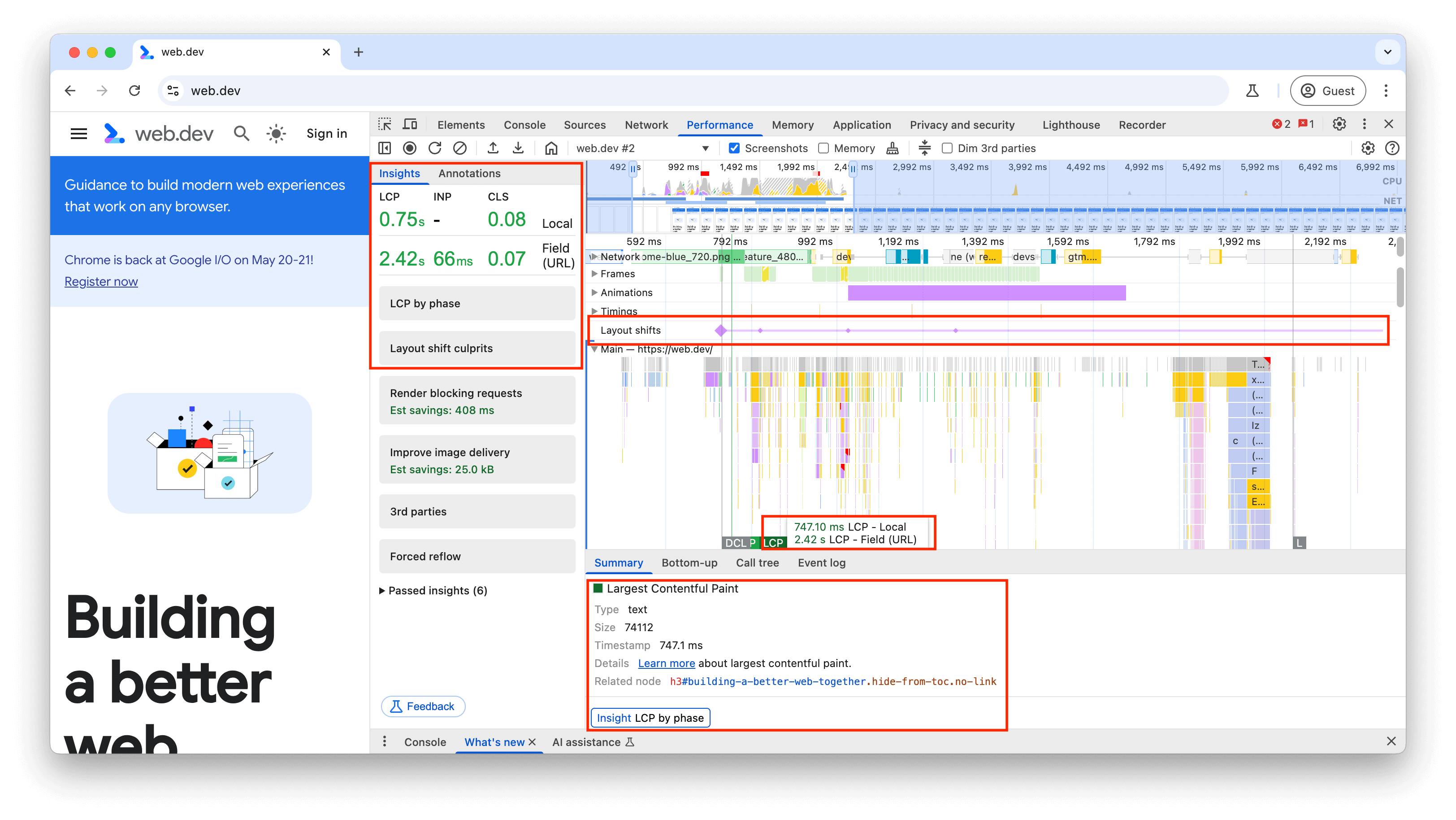 การติดตามแผงประสิทธิภาพของเครื่องมือสำหรับนักพัฒนาเว็บใน Chrome ที่แสดงแผนภูมิเปลวไฟโดยไฮไลต์งานที่ใช้เวลานาน