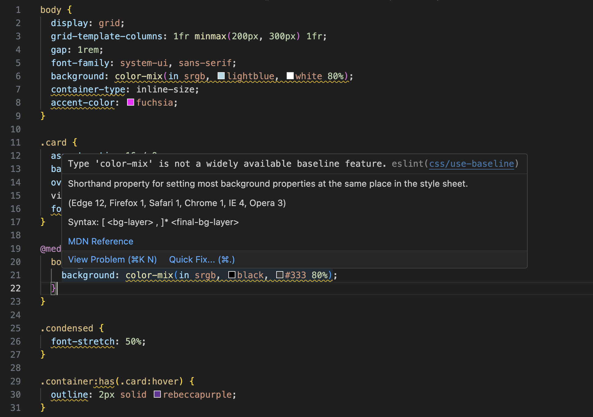 在 VSCode 中使用的 ESLint 外掛程式,會在基準目標以外的功能上顯示底線。