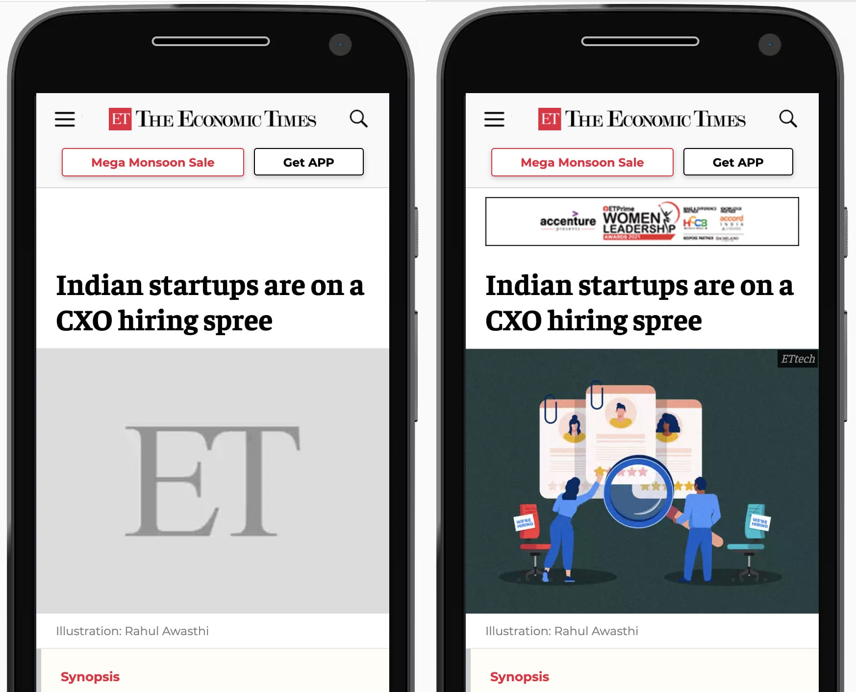 مقارنة جنبًا إلى جنب لموقع The Economic Times الإلكتروني كما يظهر على هاتف جوّال على يمين الصفحة، يتم حجز عنصر نائب رمادي لصورة الجزء الرئيسي من المقالة. على يسار الصفحة، يتم استبدال العنصر النائب بالصورة التي تم تحميلها.